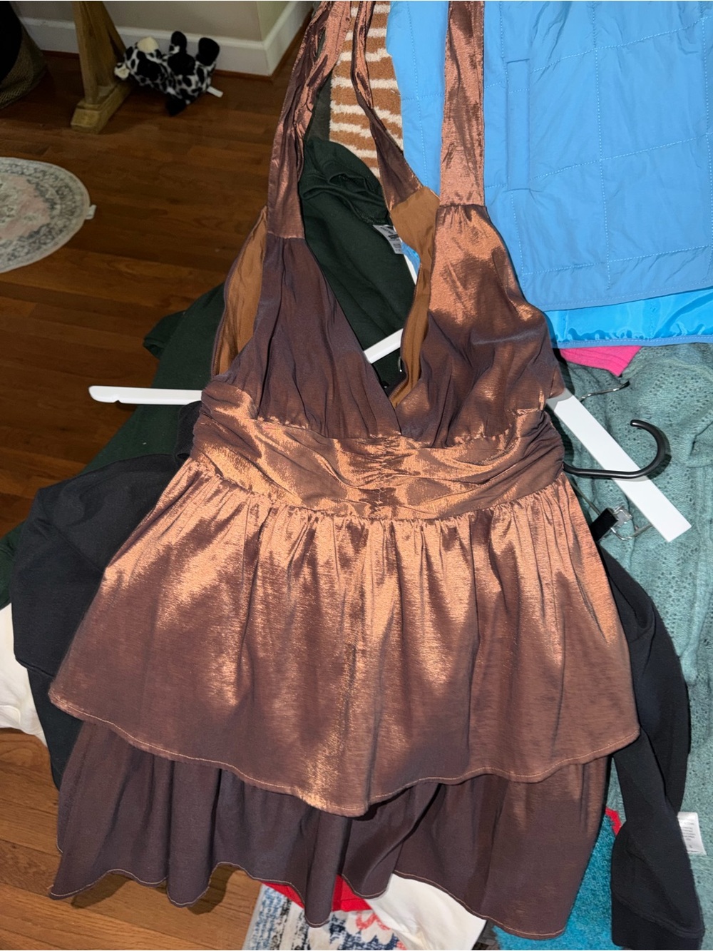 One-Shoulder Chocolate Brown Satin Halter Dress